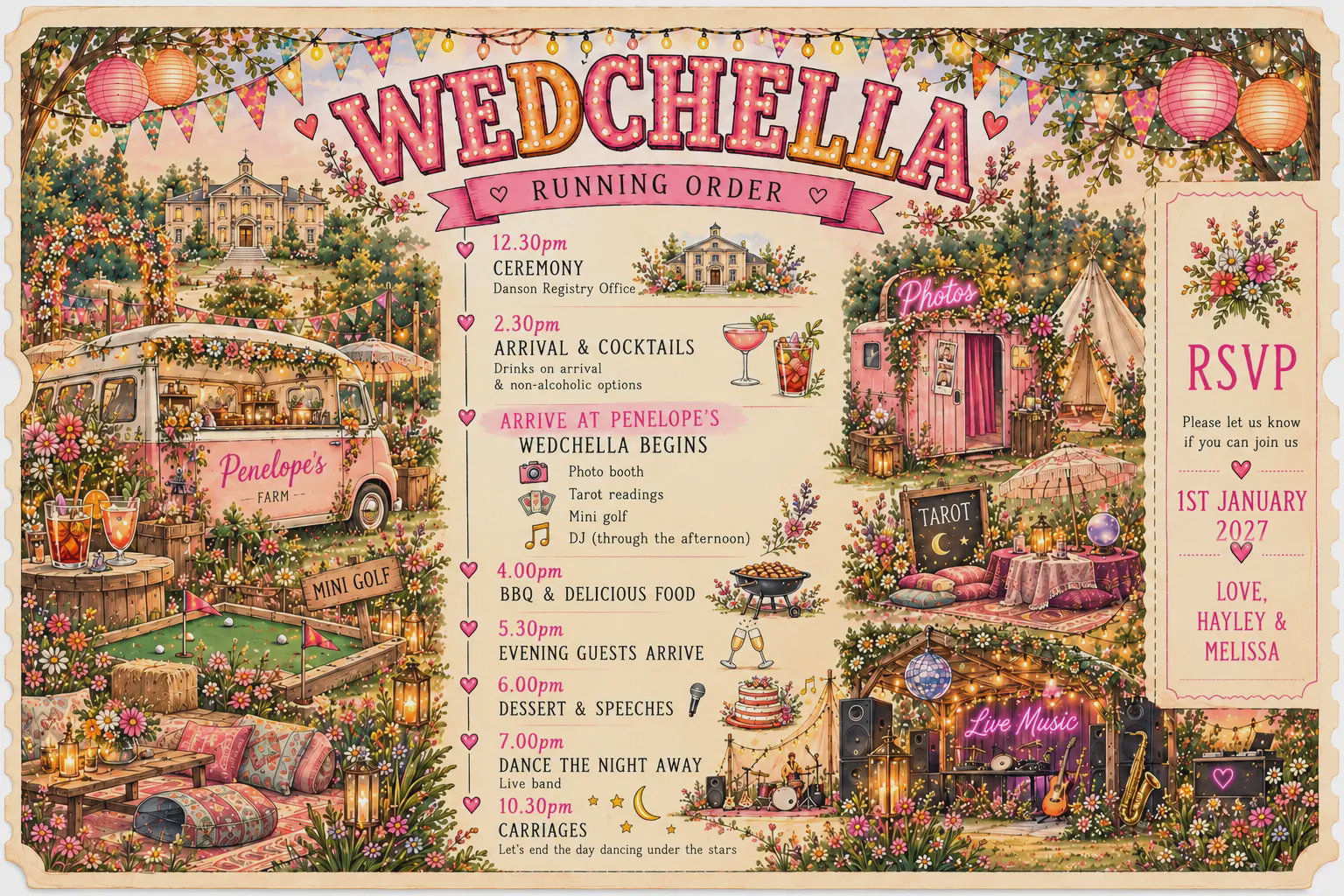 Wedchella running order – ceremony at Danson Registry Office, cocktails, BBQ, evening guests arrive at 5.30pm, speeches and live music at Penelope's Farm; RSVP by 1st January 2027